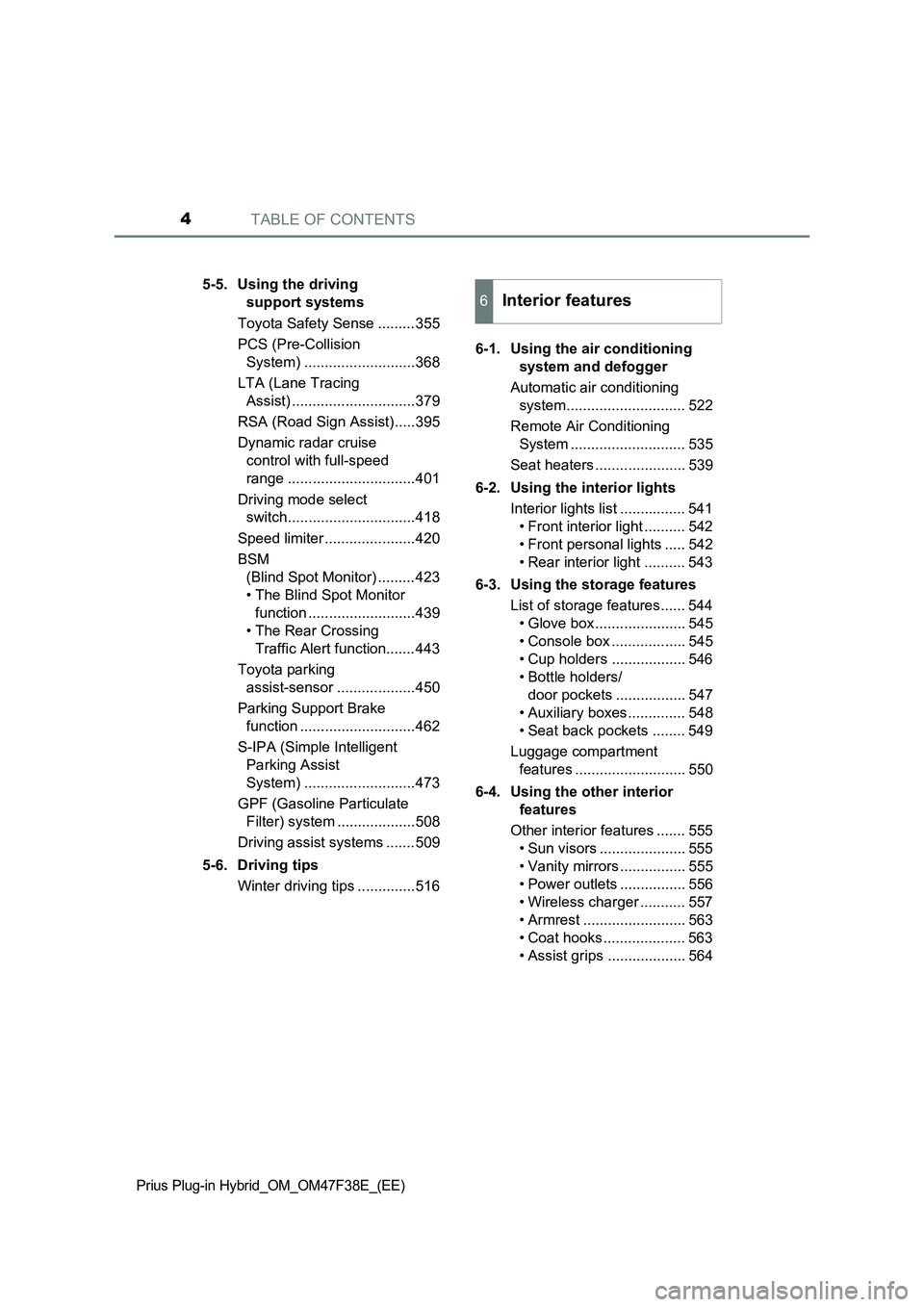 TOYOTA PRIUS PLUG-IN HYBRID 2023  Owners Manual TABLE OF CONTENTS4
Prius Plug-in Hybrid_OM_OM47F38E_(EE)
5-5. Using the driving 
support systems
Toyota Safety Sense .........355
PCS (Pre-Collision 
System) ...........................368
LTA (Lane T