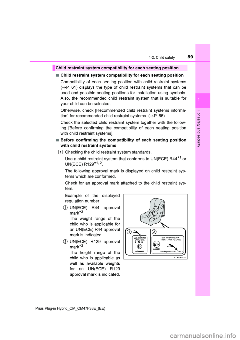 TOYOTA PRIUS PLUG-IN HYBRID 2023 Repair Manual 591-2. Child safety
1
Prius Plug-in Hybrid_OM_OM47F38E_(EE)
For safety and security
■Child restraint system compatibility for each seating position 
Compatibility of each seating position with child