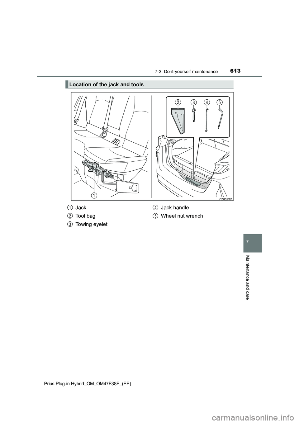 TOYOTA PRIUS PLUG-IN HYBRID 2023 Owners Manual 6137-3. Do-it-yourself maintenance
Prius Plug-in Hybrid_OM_OM47F38E_(EE)
7
Maintenance and care
Location of the jack and tools
Jack
Tool bag
Towing eyelet
Jack handle
Wheel nut wrench
1
2
3
4
5 TOYOTA PRIUS PLUG-IN HYBRID 2023 Owners Manual 6137-3. Do-it-yourself maintenance
Prius Plug-in Hybrid_OM_OM47F38E_(EE)
7
Maintenance and care
Location of the jack and tools
Jack
Tool bag
Towing eyelet
Jack handle
Wheel nut wrench
1
2
3
4
5