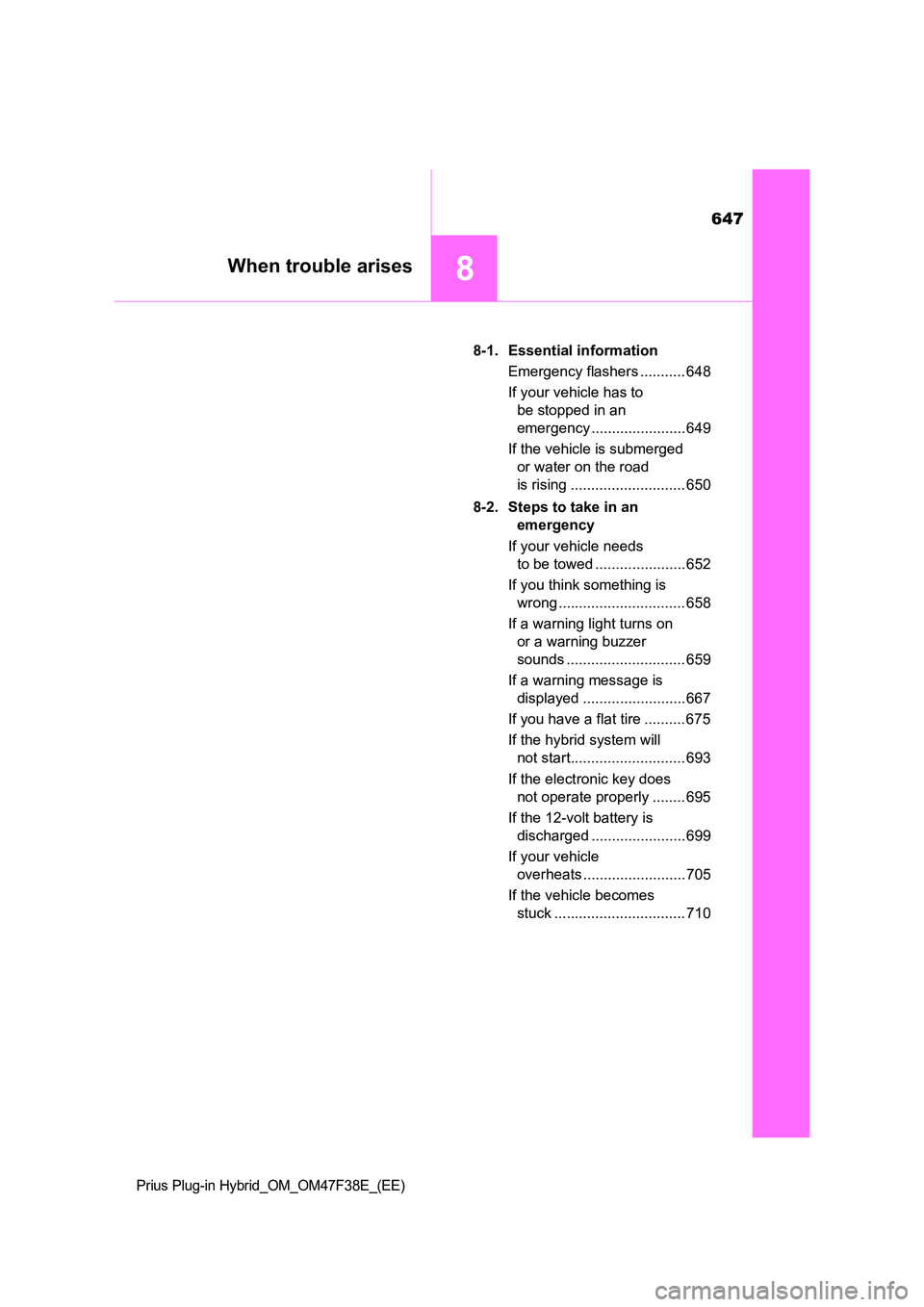 TOYOTA PRIUS PLUG-IN HYBRID 2023 Owners Manual 647
8When trouble arises
Prius Plug-in Hybrid_OM_OM47F38E_(EE)
8-1. Essential information
Emergency flashers ........... 648
If your vehicle has to
be stopped in an
emergency ................... TOYOTA PRIUS PLUG-IN HYBRID 2023 Owners Manual 647
8When trouble arises
Prius Plug-in Hybrid_OM_OM47F38E_(EE)
8-1. Essential information
Emergency flashers ........... 648
If your vehicle has to
be stopped in an
emergency ...................