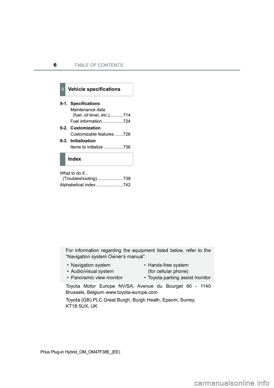 TOYOTA PRIUS PLUG-IN HYBRID 2023  Owners Manual TABLE OF CONTENTS6
Prius Plug-in Hybrid_OM_OM47F38E_(EE)
9-1. Specifications
Maintenance data 
(fuel, oil level, etc.)...........714
Fuel information .................724
9-2. Customization
Customizab