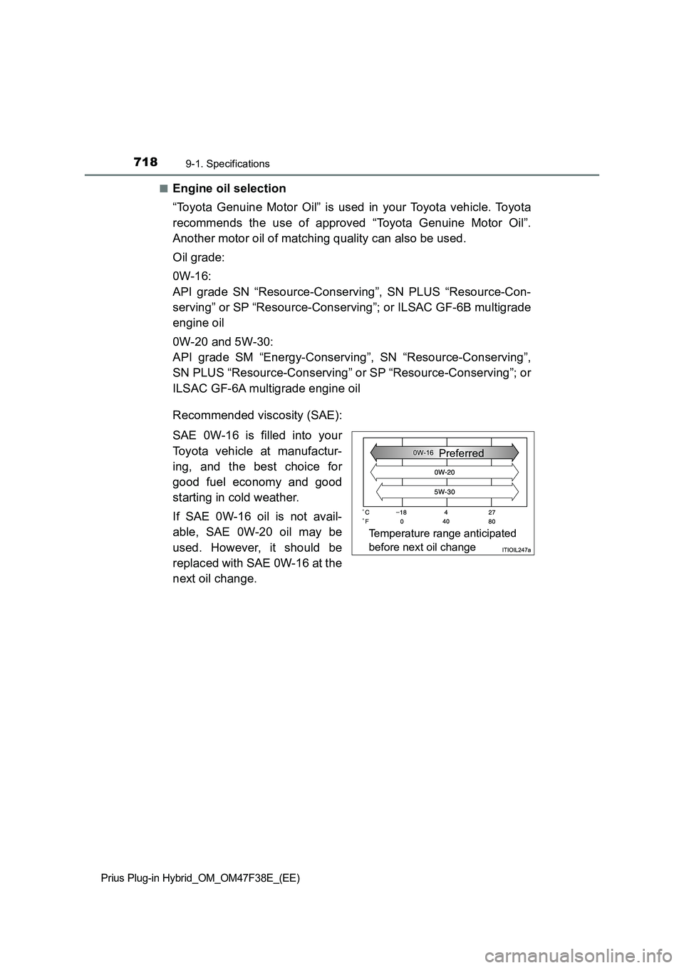TOYOTA PRIUS PLUG-IN HYBRID 2023  Owners Manual 7189-1. Specifications
Prius Plug-in Hybrid_OM_OM47F38E_(EE)
■Engine oil selection
“Toyota Genuine Motor Oil” is used in your Toyota vehicle. Toyota
recommends the use of approved “Toyota Genu