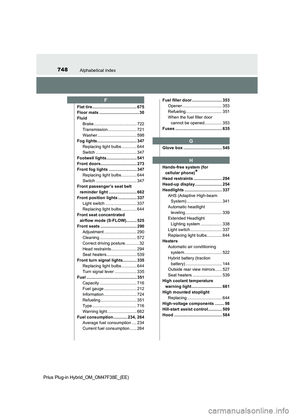 TOYOTA PRIUS PLUG-IN HYBRID 2023  Owners Manual 748Alphabetical index
Prius Plug-in Hybrid_OM_OM47F38E_(EE)
Flat tire ...................................... 675
Floor mats .................................. 30
Fluid
Brake...........................