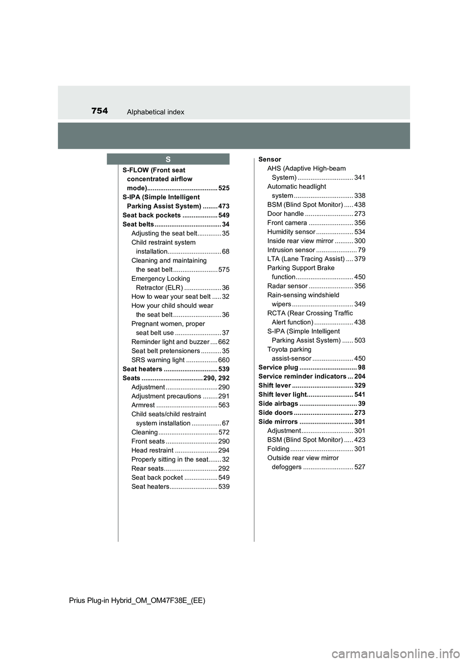 TOYOTA PRIUS PLUG-IN HYBRID 2023 Owners Manual 754Alphabetical index
Prius Plug-in Hybrid_OM_OM47F38E_(EE)
S-FLOW (Front seat
concentrated airflow
mode)...................................... 525
S-IPA (Simple Intelligent
Parking Assist System) TOYOTA PRIUS PLUG-IN HYBRID 2023 Owners Manual 754Alphabetical index
Prius Plug-in Hybrid_OM_OM47F38E_(EE)
S-FLOW (Front seat
concentrated airflow
mode)...................................... 525
S-IPA (Simple Intelligent
Parking Assist System)