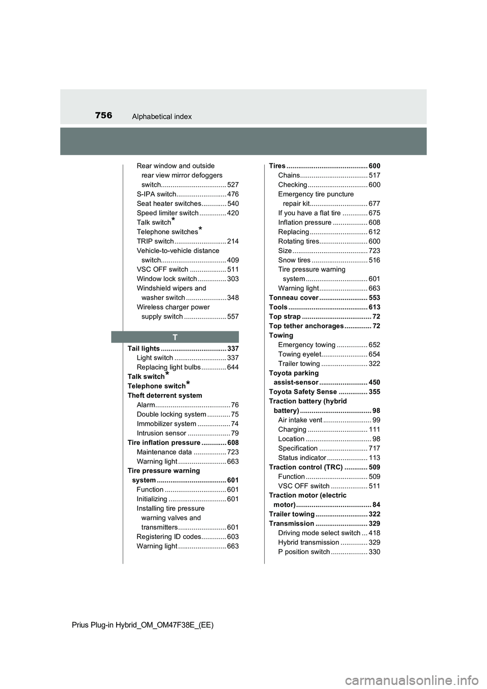 TOYOTA PRIUS PLUG-IN HYBRID 2023 Owners Manual 756Alphabetical index
Prius Plug-in Hybrid_OM_OM47F38E_(EE)
Rear window and outside
rear view mirror defoggers
switch.................................. 527
S-IPA switch.......................... 476 TOYOTA PRIUS PLUG-IN HYBRID 2023 Owners Manual 756Alphabetical index
Prius Plug-in Hybrid_OM_OM47F38E_(EE)
Rear window and outside
rear view mirror defoggers
switch.................................. 527
S-IPA switch.......................... 476