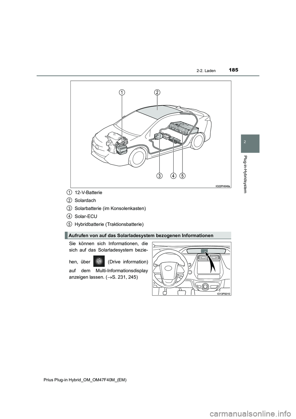 TOYOTA PRIUS PLUG-IN HYBRID 2023  Betriebsanleitungen (in German) 1852-2. Laden
2
Plug-in-Hybridsystem
Prius Plug-in Hybrid_OM_OM47F40M_(EM)
12-V-Batterie
Solardach
Solarbatterie (im Konsolenkasten)
Solar-ECU
Hybridbatterie (Traktionsbatterie)
Sie können sich Infor