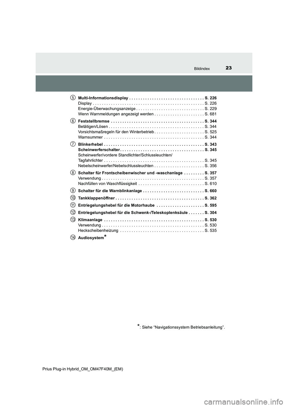 TOYOTA PRIUS PLUG-IN HYBRID 2023  Betriebsanleitungen (in German) 23Bildindex
Prius Plug-in Hybrid_OM_OM47F40M_(EM)Multi-Informationsdisplay . . . . . . . . . . . . . . . . . . . . . . . . . . . . . . . . . S. 226
Display . . . . . . . . . . . . . . . . . . . . . . 
