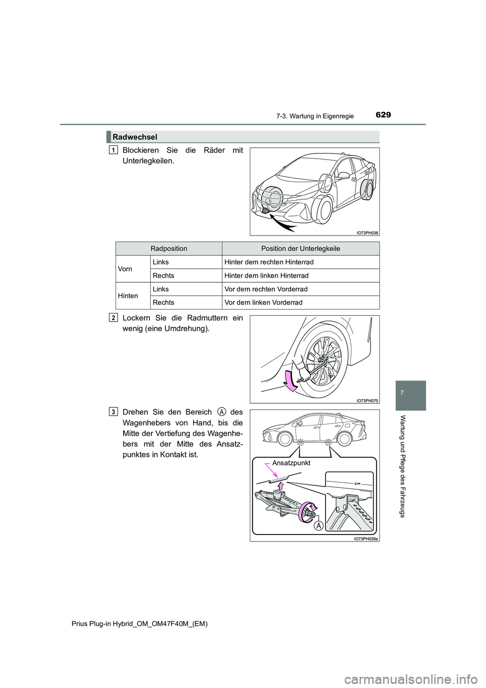 TOYOTA PRIUS PLUG-IN HYBRID 2023  Betriebsanleitungen (in German) 6297-3. Wartung in Eigenregie
Prius Plug-in Hybrid_OM_OM47F40M_(EM)
7
Wartung und Pflege des Fahrzeugs
Blockieren Sie die Räder mit 
Unterlegkeilen. 
Lockern Sie die Radmuttern ein 
wenig (eine Umdre