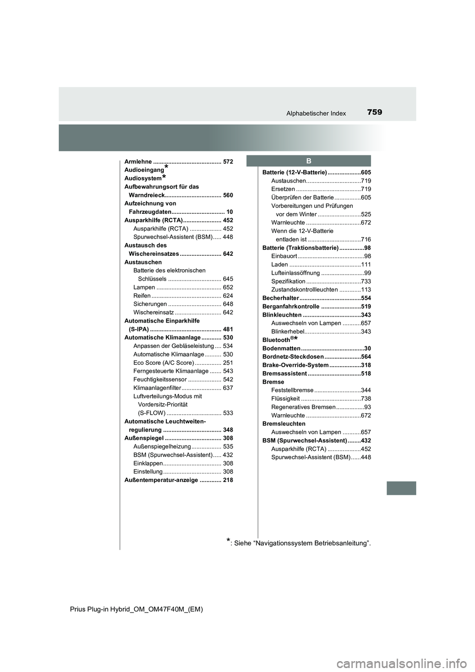 TOYOTA PRIUS PLUG-IN HYBRID 2023  Betriebsanleitungen (in German) 759Alphabetischer Index
Prius Plug-in Hybrid_OM_OM47F40M_(EM)
Armlehne ......................................... 572
Audioeingang
*
Audiosystem*Aufbewahrungsort für das 
Warndreieck..................