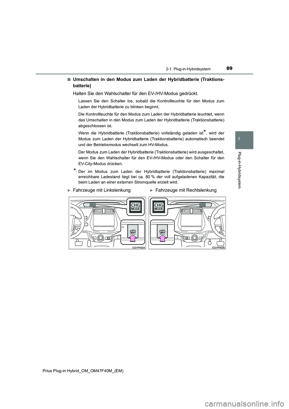 TOYOTA PRIUS PLUG-IN HYBRID 2023  Betriebsanleitungen (in German) 892-1. Plug-in-Hybridsystem
2
Plug-in-Hybridsystem
Prius Plug-in Hybrid_OM_OM47F40M_(EM)■
Umschalten in den Modus zum Laden der Hybridbatterie (Traktions-
batterie)
Halten Sie den Wahlschalter für 
