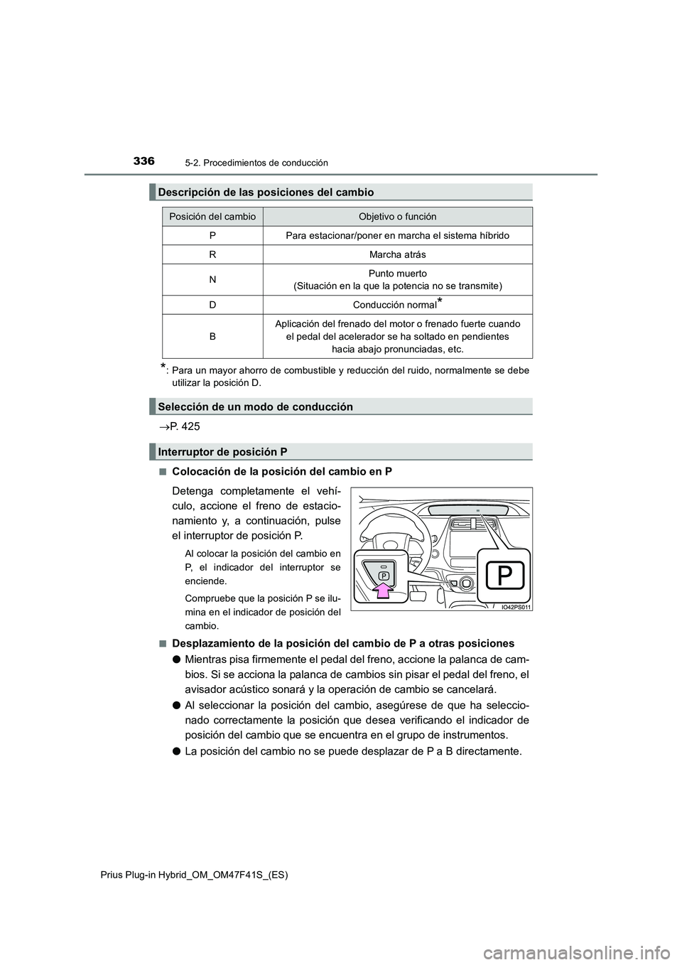 TOYOTA PRIUS PLUG-IN HYBRID 2023 Manual del propietario (in Spanish) 3365-2. Procedimientos de conducción
Prius Plug-in Hybrid_OM_OM47F41S_(ES)
*: Para un mayor ahorro de combustible y reducción del ruido, normalmente se debe
utilizar la posición D.
P. 425
■Col TOYOTA PRIUS PLUG-IN HYBRID 2023 Manual del propietario (in Spanish) 3365-2. Procedimientos de conducción
Prius Plug-in Hybrid_OM_OM47F41S_(ES)
*: Para un mayor ahorro de combustible y reducción del ruido, normalmente se debe
utilizar la posición D.
P. 425
■Col