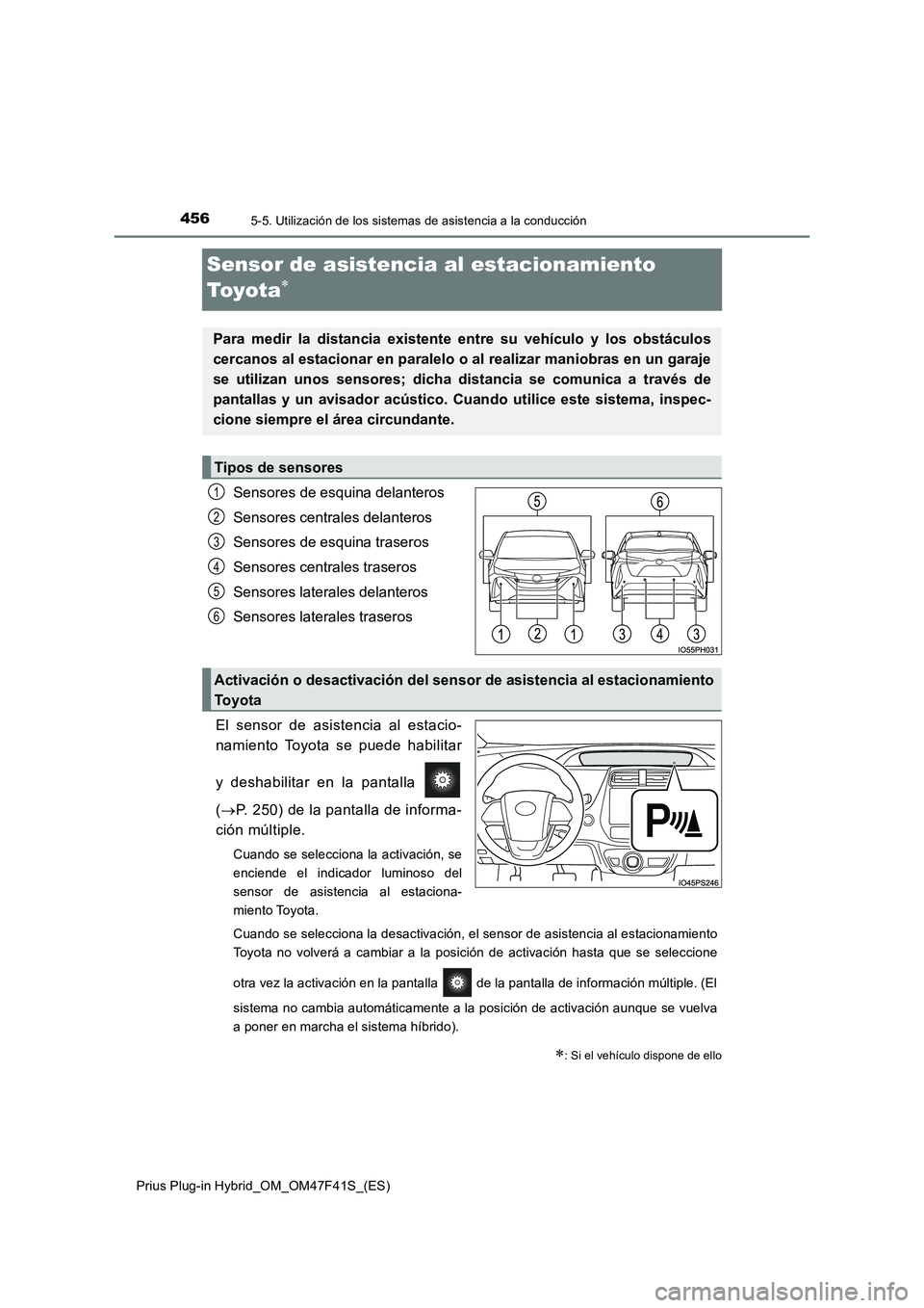 TOYOTA PRIUS PLUG-IN HYBRID 2023 Manual del propietario (in Spanish) 4565-5. Utilización de los sistemas de asistencia a la conducción
Prius Plug-in Hybrid_OM_OM47F41S_(ES)
Sensor de asistencia al estacionamiento
To y o t a
Sensores de esquina delanteros
Sensor TOYOTA PRIUS PLUG-IN HYBRID 2023 Manual del propietario (in Spanish) 4565-5. Utilización de los sistemas de asistencia a la conducción
Prius Plug-in Hybrid_OM_OM47F41S_(ES)
Sensor de asistencia al estacionamiento
To y o t a
Sensores de esquina delanteros
Sensor