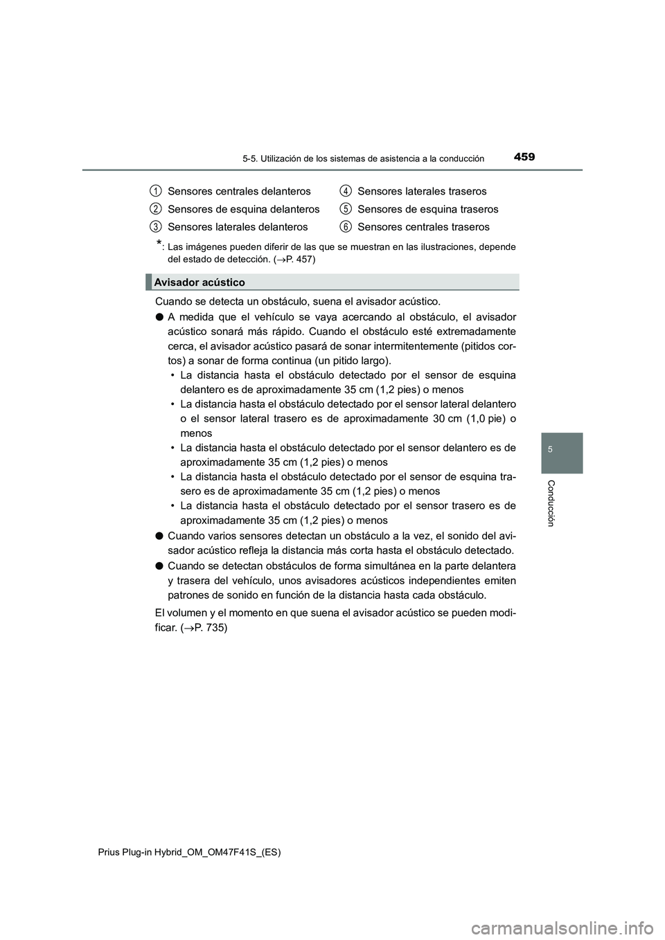 TOYOTA PRIUS PLUG-IN HYBRID 2023 Manual del propietario (in Spanish) 4595-5. Utilización de los sistemas de asistencia a la conducción
Prius Plug-in Hybrid_OM_OM47F41S_(ES)
5
Conducción
*: Las imágenes pueden diferir de las que se muestran en las ilustraciones, dep TOYOTA PRIUS PLUG-IN HYBRID 2023 Manual del propietario (in Spanish) 4595-5. Utilización de los sistemas de asistencia a la conducción
Prius Plug-in Hybrid_OM_OM47F41S_(ES)
5
Conducción
*: Las imágenes pueden diferir de las que se muestran en las ilustraciones, dep