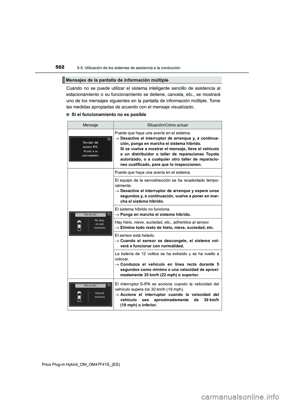 TOYOTA PRIUS PLUG-IN HYBRID 2023 Manual del propietario (in Spanish) 5025-5. Utilización de los sistemas de asistencia a la conducción
Prius Plug-in Hybrid_OM_OM47F41S_(ES)
Cuando no se puede utilizar el sistema inteligente sencillo de asistencia al
estacionamiento o TOYOTA PRIUS PLUG-IN HYBRID 2023 Manual del propietario (in Spanish) 5025-5. Utilización de los sistemas de asistencia a la conducción
Prius Plug-in Hybrid_OM_OM47F41S_(ES)
Cuando no se puede utilizar el sistema inteligente sencillo de asistencia al
estacionamiento o