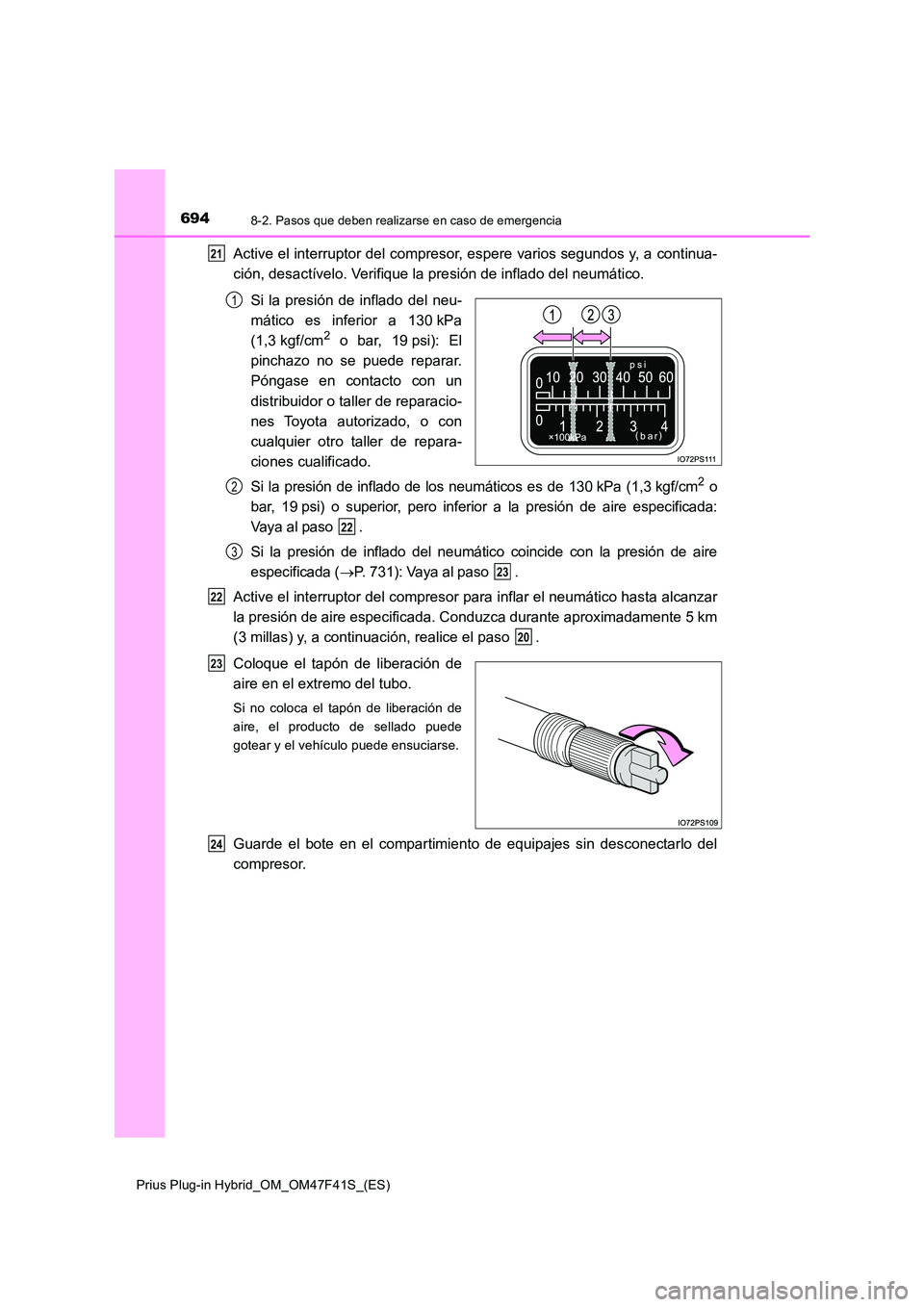 TOYOTA PRIUS PLUG-IN HYBRID 2023 Manual del propietario (in Spanish) 6948-2. Pasos que deben realizarse en caso de emergencia
Prius Plug-in Hybrid_OM_OM47F41S_(ES)
Active el interruptor del compresor, espere varios segundos y, a continua-
ción, desactívelo. Verifiqu TOYOTA PRIUS PLUG-IN HYBRID 2023 Manual del propietario (in Spanish) 6948-2. Pasos que deben realizarse en caso de emergencia
Prius Plug-in Hybrid_OM_OM47F41S_(ES)
Active el interruptor del compresor, espere varios segundos y, a continua-
ción, desactívelo. Verifiqu