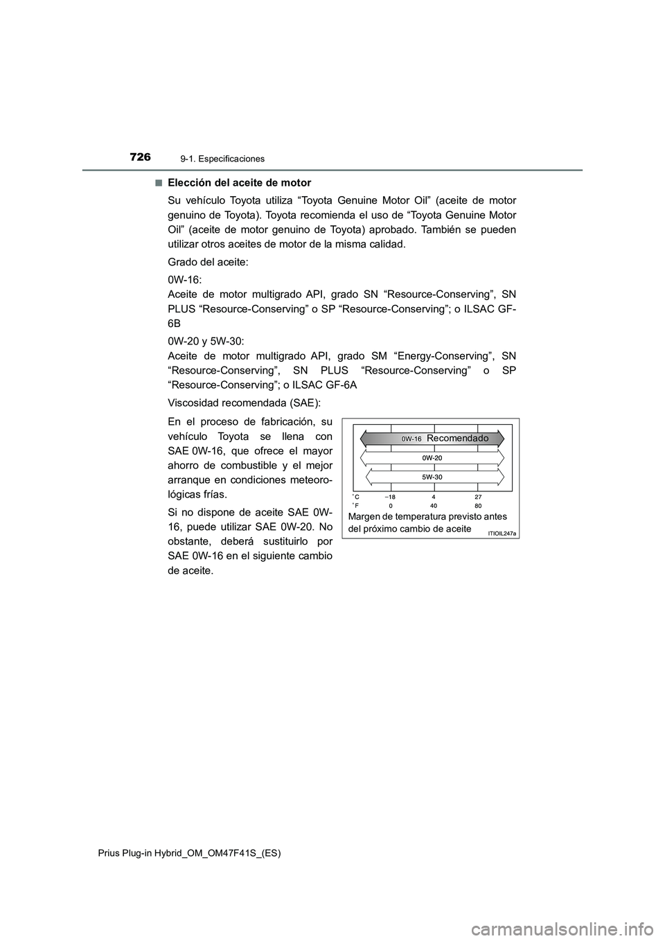 TOYOTA PRIUS PLUG-IN HYBRID 2023 Manual del propietario (in Spanish) 7269-1. Especificaciones
Prius Plug-in Hybrid_OM_OM47F41S_(ES)■
Elección del aceite de motor
Su vehículo Toyota utiliza “Toyota Genuine Motor Oil” (aceite de motor
genuino de Toyota). Toyota r TOYOTA PRIUS PLUG-IN HYBRID 2023 Manual del propietario (in Spanish) 7269-1. Especificaciones
Prius Plug-in Hybrid_OM_OM47F41S_(ES)■
Elección del aceite de motor
Su vehículo Toyota utiliza “Toyota Genuine Motor Oil” (aceite de motor
genuino de Toyota). Toyota r