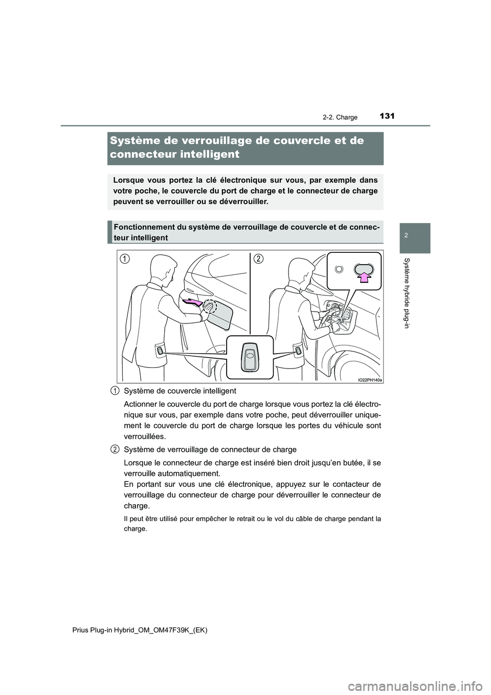 TOYOTA PRIUS PLUG-IN HYBRID 2023 Manuel du propriétaire (in French) 131
2
2-2. Charge
Système hybride plug-in
Prius Plug-in Hybrid_OM_OM47F39K_(EK)
Système de verrouillage de couvercle et de
connecteur intelligent
Système de couvercle intelligent
Actionner le co TOYOTA PRIUS PLUG-IN HYBRID 2023 Manuel du propriétaire (in French) 131
2
2-2. Charge
Système hybride plug-in
Prius Plug-in Hybrid_OM_OM47F39K_(EK)
Système de verrouillage de couvercle et de
connecteur intelligent
Système de couvercle intelligent
Actionner le co