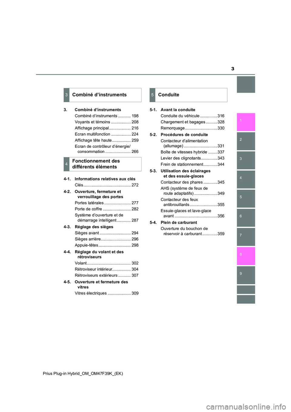 TOYOTA PRIUS PLUG-IN HYBRID 2023  Manuel du propriétaire (in French) 3
1 
9 
8
7
6
5
4 
2
Prius Plug-in Hybrid_OM_OM47F39K_(EK)
3
3. Combiné d’instruments 
Combiné d’instruments ........... 198 
Voyants et témoins ................. 208
Affichage principal.......