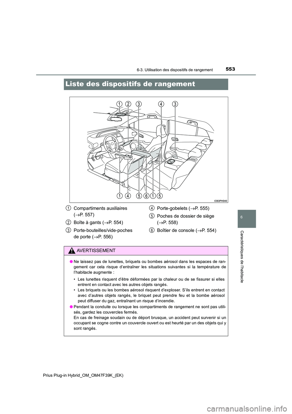 TOYOTA PRIUS PLUG-IN HYBRID 2023 Manuel du propriétaire (in French) 5536-3. Utilisation des dispositifs de rangement
Prius Plug-in Hybrid_OM_OM47F39K_(EK)
6
Caractéristiques de l’habitacle
Liste des dispositifs de rangement
Compartiments auxiliaires
( P. 557) TOYOTA PRIUS PLUG-IN HYBRID 2023 Manuel du propriétaire (in French) 5536-3. Utilisation des dispositifs de rangement
Prius Plug-in Hybrid_OM_OM47F39K_(EK)
6
Caractéristiques de l’habitacle
Liste des dispositifs de rangement
Compartiments auxiliaires
( P. 557)