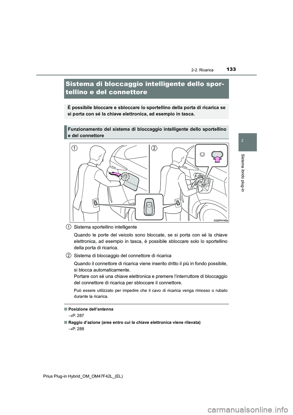 TOYOTA PRIUS PLUG-IN HYBRID 2023 Manuale duso (in Italian) 133
2
2-2. Ricarica
Sistema ibrido plug-in
Prius Plug-in Hybrid_OM_OM47F42L_(EL)
Sistema di bloccaggio intelligente dello spor-
tellino e del connettore
Sistema sportellino intelligente
Quando le po TOYOTA PRIUS PLUG-IN HYBRID 2023 Manuale duso (in Italian) 133
2
2-2. Ricarica
Sistema ibrido plug-in
Prius Plug-in Hybrid_OM_OM47F42L_(EL)
Sistema di bloccaggio intelligente dello spor-
tellino e del connettore
Sistema sportellino intelligente
Quando le po