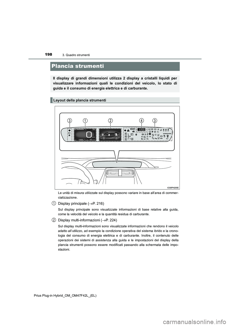 TOYOTA PRIUS PLUG-IN HYBRID 2023 Manuale duso (in Italian) 1983. Quadro strumenti
Prius Plug-in Hybrid_OM_OM47F42L_(EL)
Plancia strumenti
Le unità di misura utilizzate sul display possono variare in base all’area di commer-
cializzazione.
Display principal TOYOTA PRIUS PLUG-IN HYBRID 2023 Manuale duso (in Italian) 1983. Quadro strumenti
Prius Plug-in Hybrid_OM_OM47F42L_(EL)
Plancia strumenti
Le unità di misura utilizzate sul display possono variare in base all’area di commer-
cializzazione.
Display principal