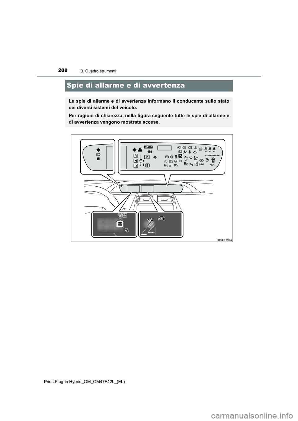 TOYOTA PRIUS PLUG-IN HYBRID 2023 Manuale duso (in Italian) 2083. Quadro strumenti
Prius Plug-in Hybrid_OM_OM47F42L_(EL)
Spie di allarme e di avvertenza
Le spie di allarme e di avvertenza informano il conducente sullo stato
dei diversi sistemi del veicolo.
Per TOYOTA PRIUS PLUG-IN HYBRID 2023 Manuale duso (in Italian) 2083. Quadro strumenti
Prius Plug-in Hybrid_OM_OM47F42L_(EL)
Spie di allarme e di avvertenza
Le spie di allarme e di avvertenza informano il conducente sullo stato
dei diversi sistemi del veicolo.
Per