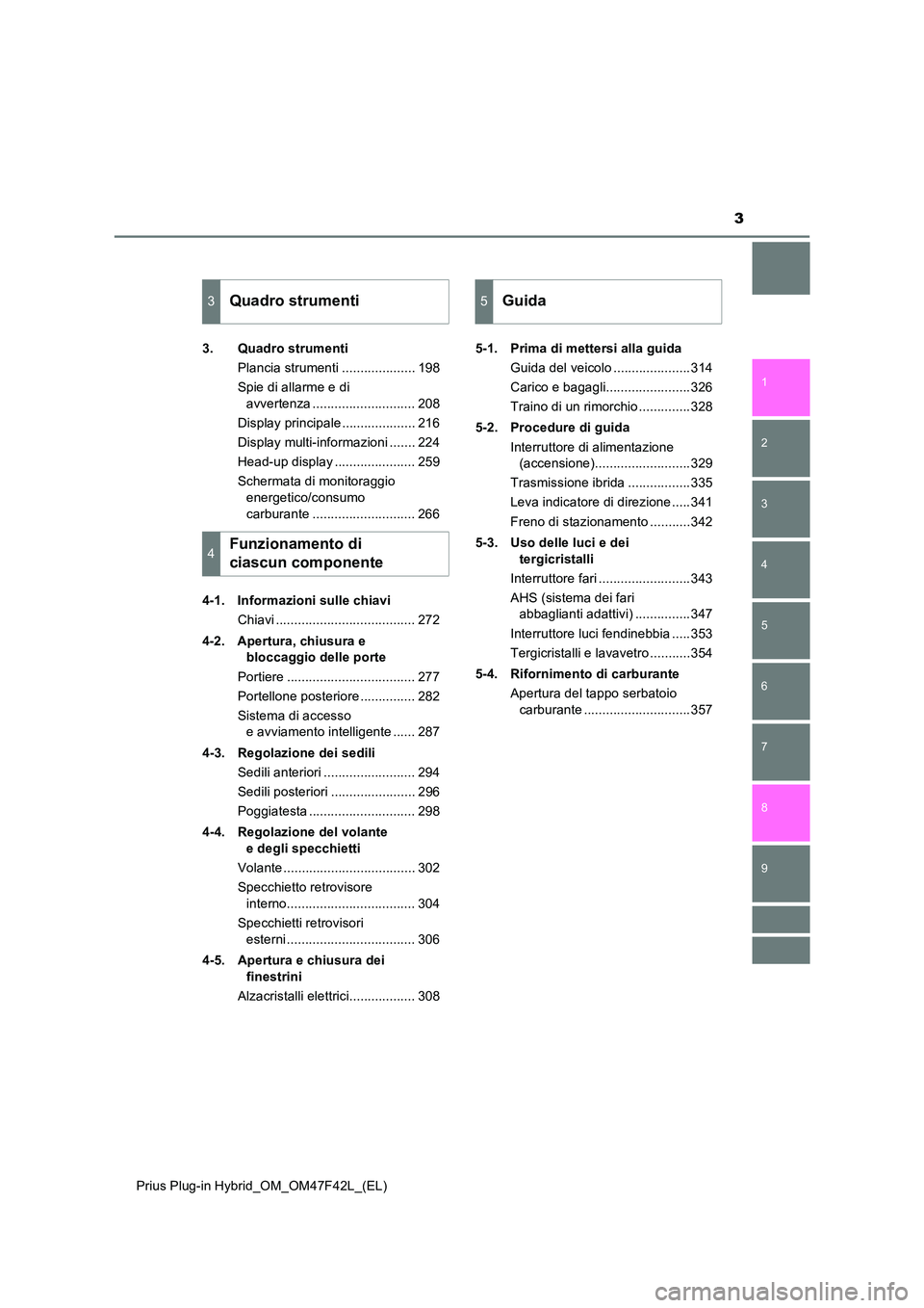 TOYOTA PRIUS PLUG-IN HYBRID 2023  Manuale duso (in Italian) 3
1 
9 
8
7
6
5
4 
2
Prius Plug-in Hybrid_OM_OM47F42L_(EL)
3
3. Quadro strumenti 
Plancia strumenti .................... 198 
Spie di allarme e di  
avvertenza ............................ 208 
Displa