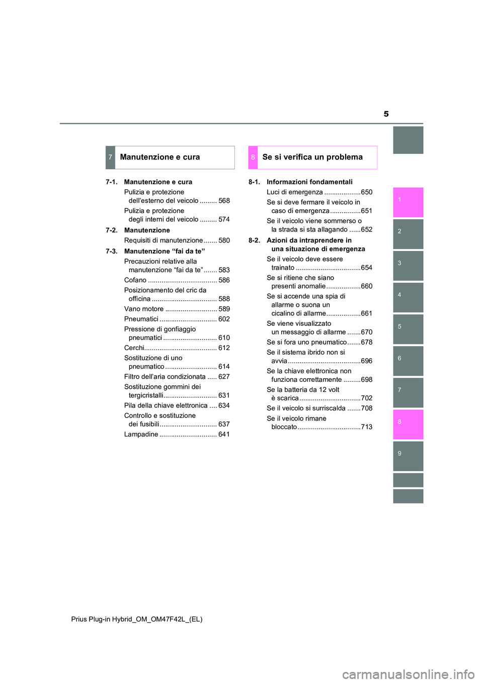 TOYOTA PRIUS PLUG-IN HYBRID 2023  Manuale duso (in Italian) 5
1 
9 
8
7
6
5
4 
2
Prius Plug-in Hybrid_OM_OM47F42L_(EL)
3
7-1. Manutenzione e cura 
Pulizia e protezione  
dell’esterno del veicolo ......... 568 
Pulizia e protezione  
degli interni del veicolo