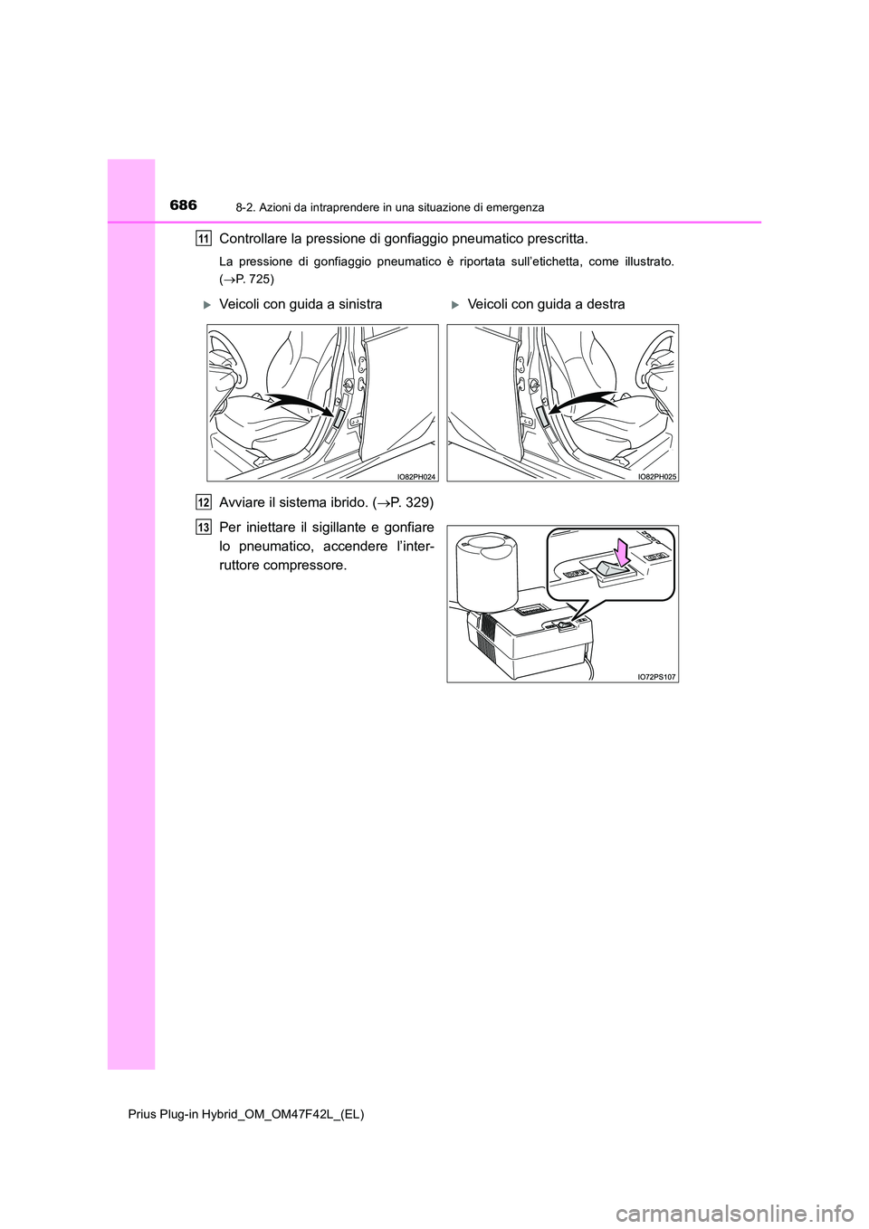 TOYOTA PRIUS PLUG-IN HYBRID 2023  Manuale duso (in Italian) 6868-2. Azioni da intraprendere in una situazione di emergenza
Prius Plug-in Hybrid_OM_OM47F42L_(EL)
Controllare la pressione di gonfiaggio pneumatico prescritta.
La pressione di gonfiaggio pneumatico
