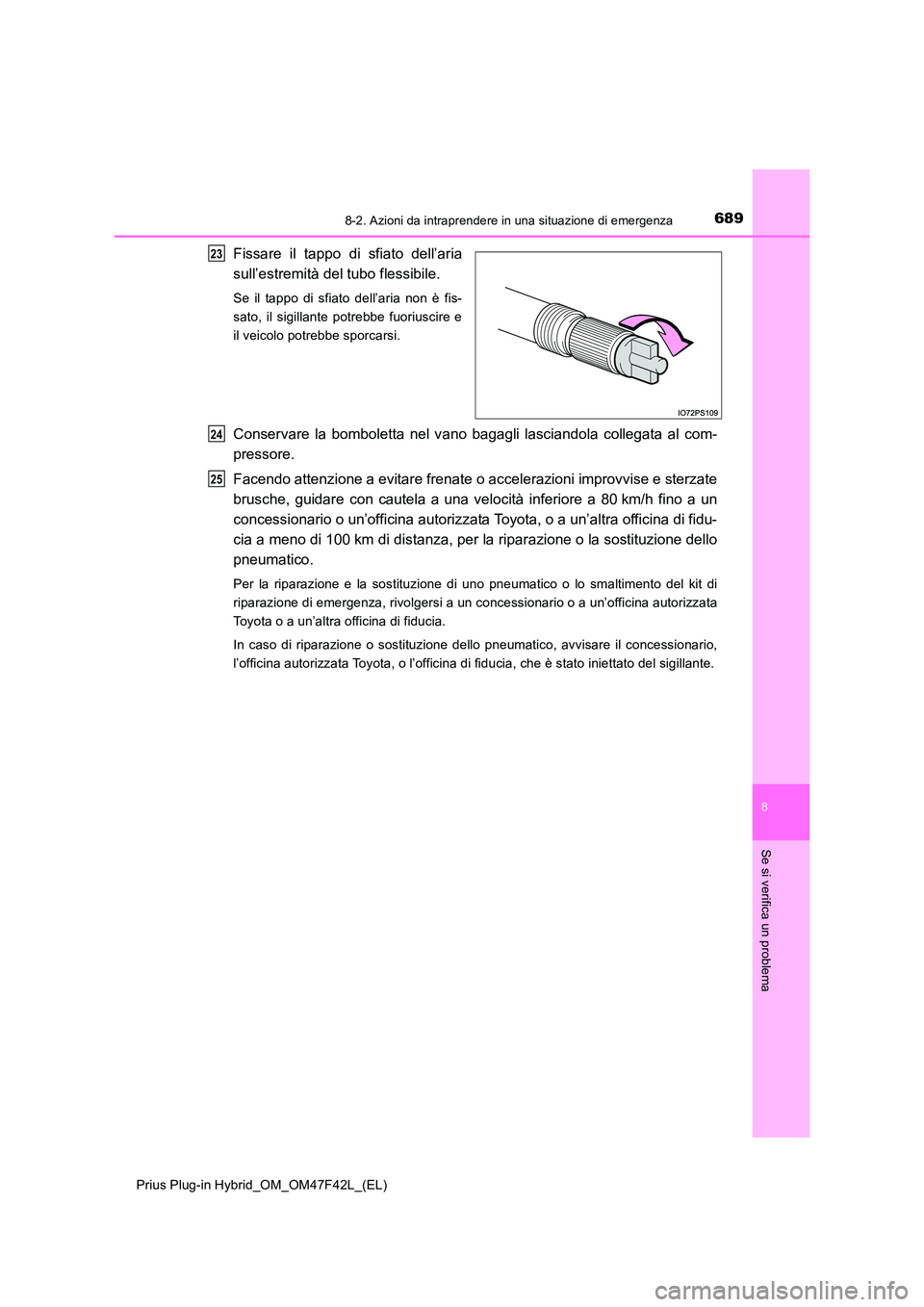 TOYOTA PRIUS PLUG-IN HYBRID 2023  Manuale duso (in Italian) 6898-2. Azioni da intraprendere in una situazione di emergenza
Prius Plug-in Hybrid_OM_OM47F42L_(EL)
8
Se si verifica un problema
Fissare il tappo di sfiato dell’aria 
sull’estremità del tubo fle