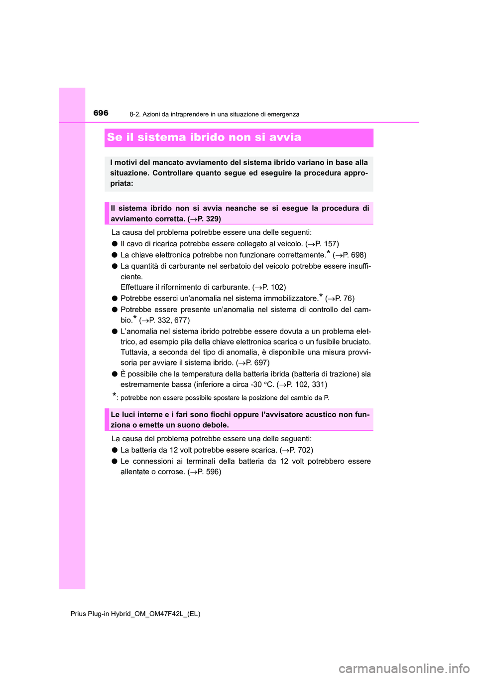 TOYOTA PRIUS PLUG-IN HYBRID 2023  Manuale duso (in Italian) 6968-2. Azioni da intraprendere in una situazione di emergenza
Prius Plug-in Hybrid_OM_OM47F42L_(EL)
Se il sistema ibrido non si avvia
La causa del problema potrebbe essere una delle seguenti: 
● Il