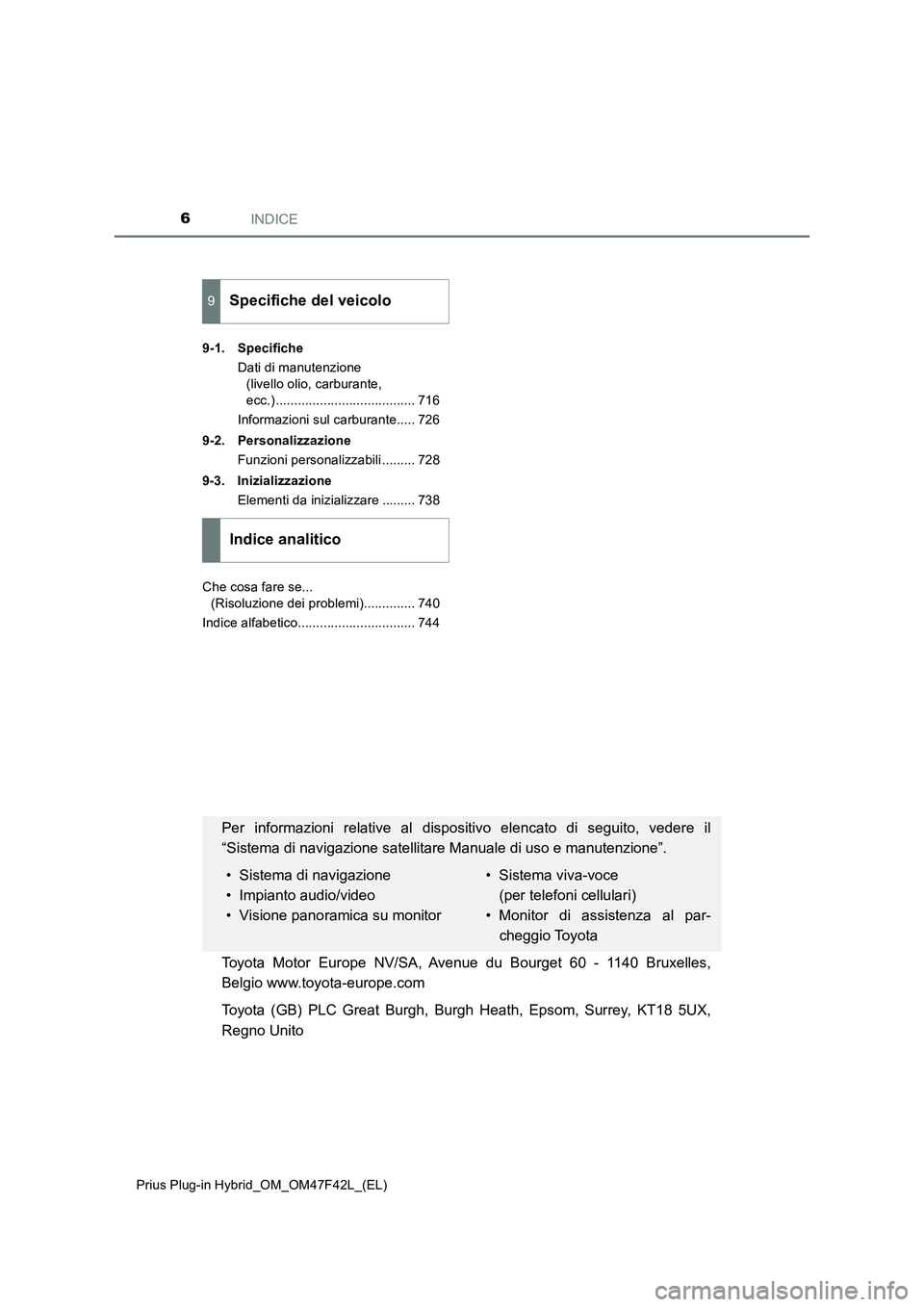 TOYOTA PRIUS PLUG-IN HYBRID 2023  Manuale duso (in Italian) INDICE6
Prius Plug-in Hybrid_OM_OM47F42L_(EL)9-1. Specifiche
Dati di manutenzione 
(livello olio, carburante, 
ecc.) ...................................... 716
Informazioni sul carburante..... 726
9-2