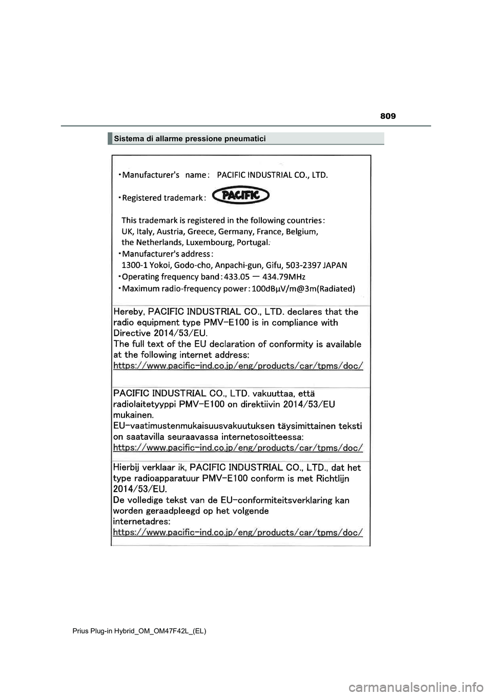 TOYOTA PRIUS PLUG-IN HYBRID 2023 Manuale duso (in Italian) 809
Prius Plug-in Hybrid_OM_OM47F42L_(EL)
Sistema di allarme pressione pneumatici TOYOTA PRIUS PLUG-IN HYBRID 2023 Manuale duso (in Italian) 809
Prius Plug-in Hybrid_OM_OM47F42L_(EL)
Sistema di allarme pressione pneumatici