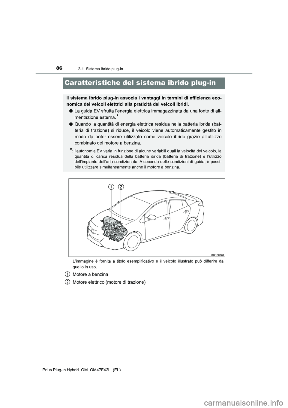TOYOTA PRIUS PLUG-IN HYBRID 2023 Manuale duso (in Italian) 862-1. Sistema ibrido plug-in
Prius Plug-in Hybrid_OM_OM47F42L_(EL)
Caratteristiche del sistema ibrido plug-in
L’immagine è fornita a titolo esemplificativo e il veicolo illustrato può differire d TOYOTA PRIUS PLUG-IN HYBRID 2023 Manuale duso (in Italian) 862-1. Sistema ibrido plug-in
Prius Plug-in Hybrid_OM_OM47F42L_(EL)
Caratteristiche del sistema ibrido plug-in
L’immagine è fornita a titolo esemplificativo e il veicolo illustrato può differire d