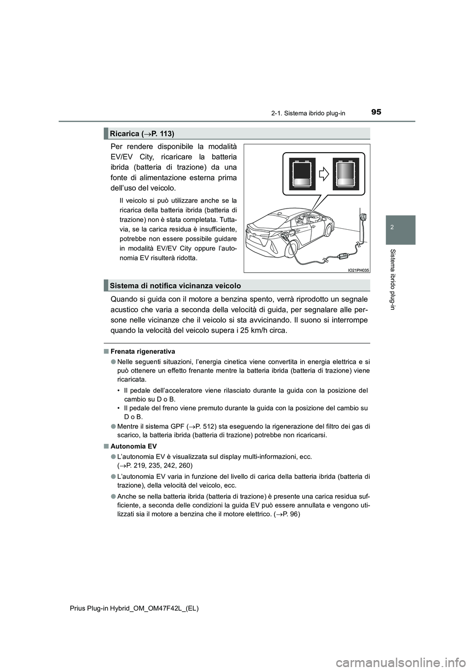 TOYOTA PRIUS PLUG-IN HYBRID 2023 Manuale duso (in Italian) 952-1. Sistema ibrido plug-in
2
Sistema ibrido plug-in
Prius Plug-in Hybrid_OM_OM47F42L_(EL)
Per rendere disponibile la modalità
EV/EV City, ricaricare la batteria
ibrida (batteria di trazione) da u TOYOTA PRIUS PLUG-IN HYBRID 2023 Manuale duso (in Italian) 952-1. Sistema ibrido plug-in
2
Sistema ibrido plug-in
Prius Plug-in Hybrid_OM_OM47F42L_(EL)
Per rendere disponibile la modalità
EV/EV City, ricaricare la batteria
ibrida (batteria di trazione) da u