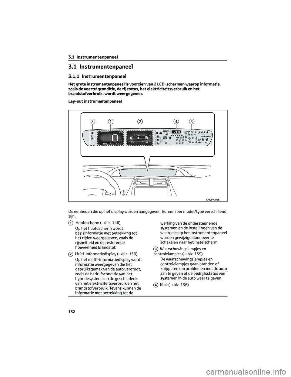 TOYOTA PRIUS PLUG-IN HYBRID 2023 Instructieboekje (in Dutch) 3.1 Instrumentenpaneel
3.1.1 Instrumentenpaneel
Het grote instrumentenpaneel is voorzien van 2 LCD-schermen waarop informatie,
zoals de voertuigconditie, de rijstatus, het elektriciteitsverbruik en he TOYOTA PRIUS PLUG-IN HYBRID 2023 Instructieboekje (in Dutch) 3.1 Instrumentenpaneel
3.1.1 Instrumentenpaneel
Het grote instrumentenpaneel is voorzien van 2 LCD-schermen waarop informatie,
zoals de voertuigconditie, de rijstatus, het elektriciteitsverbruik en he