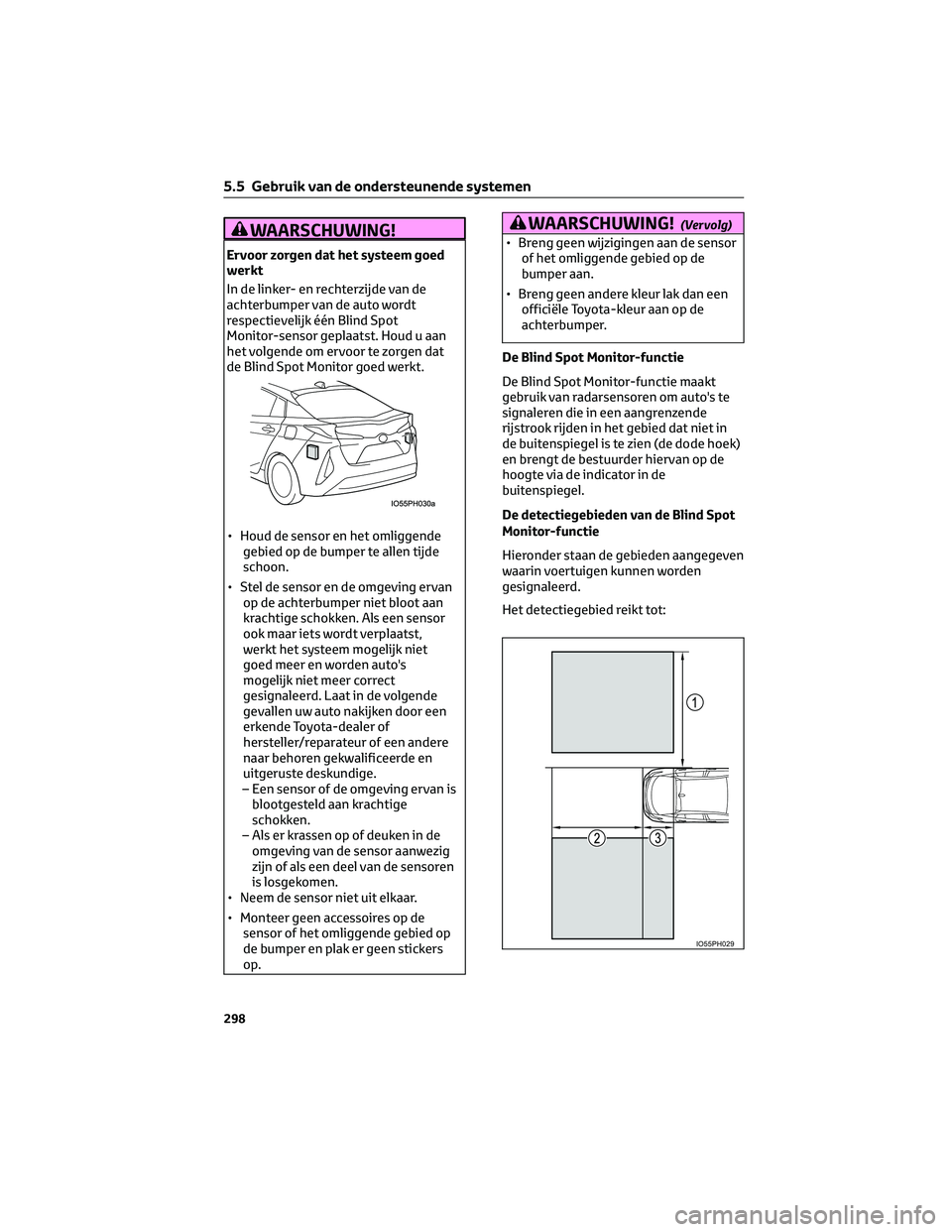 TOYOTA PRIUS PLUG-IN HYBRID 2023 Instructieboekje (in Dutch) WAARSCHUWING!
Ervoor zorgen dat het systeem goed
werkt
In de linker- en rechterzijde van de
achterbumper van de auto wordt
respectievelijk één Blind Spot
Monitor-sensor geplaatst. Houd u aan
het vol TOYOTA PRIUS PLUG-IN HYBRID 2023 Instructieboekje (in Dutch) WAARSCHUWING!
Ervoor zorgen dat het systeem goed
werkt
In de linker- en rechterzijde van de
achterbumper van de auto wordt
respectievelijk één Blind Spot
Monitor-sensor geplaatst. Houd u aan
het vol