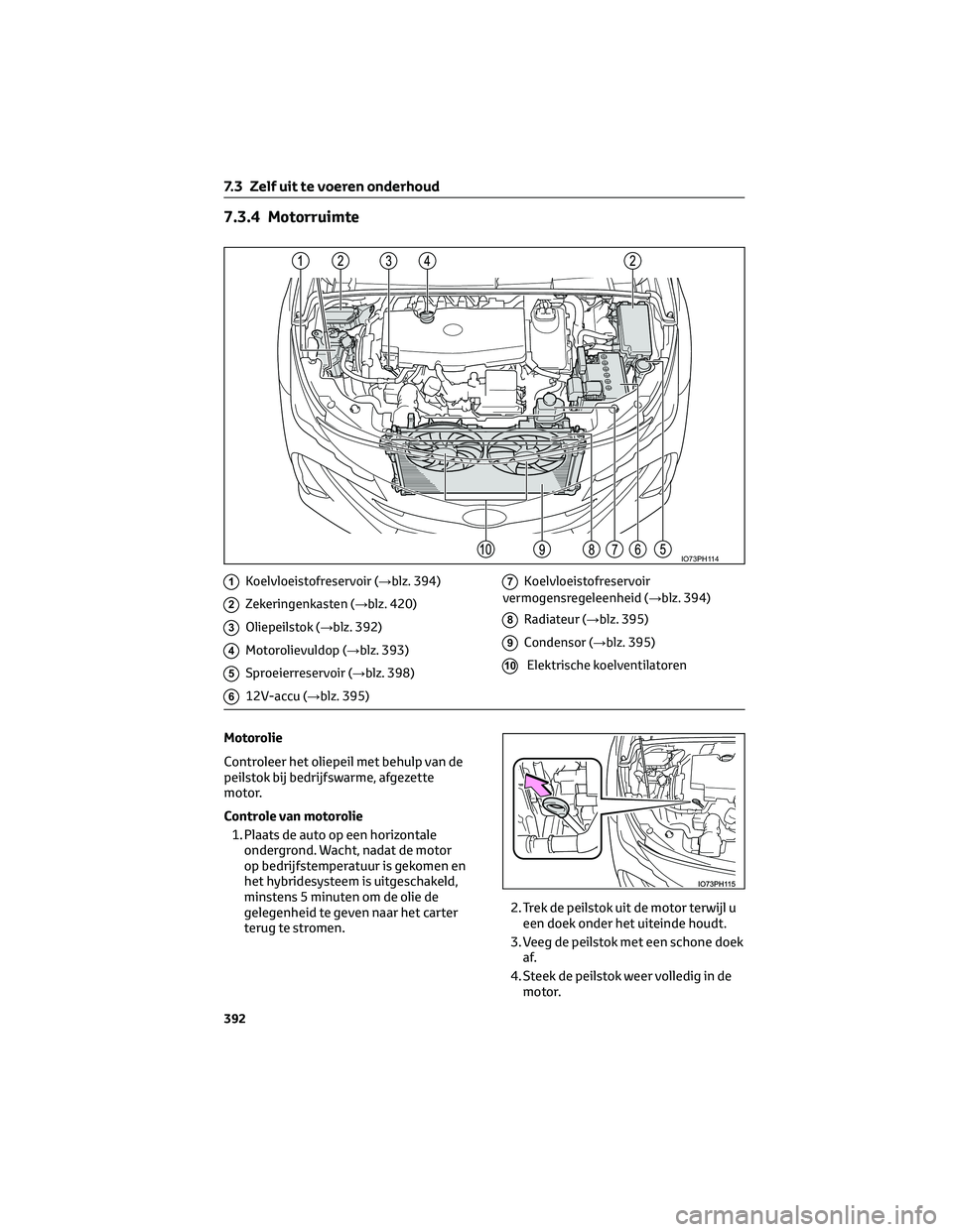 TOYOTA PRIUS PLUG-IN HYBRID 2023 Instructieboekje (in Dutch) 7.3.4 Motorruimte
1Koelvloeistofreservoir (→blz. 394)
2Zekeringenkasten (→blz. 420)
3Oliepeilstok (→blz. 392)
4Motorolievuldop (→blz. 393)
5Sproeierreservoir (→blz. 398)
612V-accu (→blz. 3 TOYOTA PRIUS PLUG-IN HYBRID 2023 Instructieboekje (in Dutch) 7.3.4 Motorruimte
1Koelvloeistofreservoir (→blz. 394)
2Zekeringenkasten (→blz. 420)
3Oliepeilstok (→blz. 392)
4Motorolievuldop (→blz. 393)
5Sproeierreservoir (→blz. 398)
612V-accu (→blz. 3