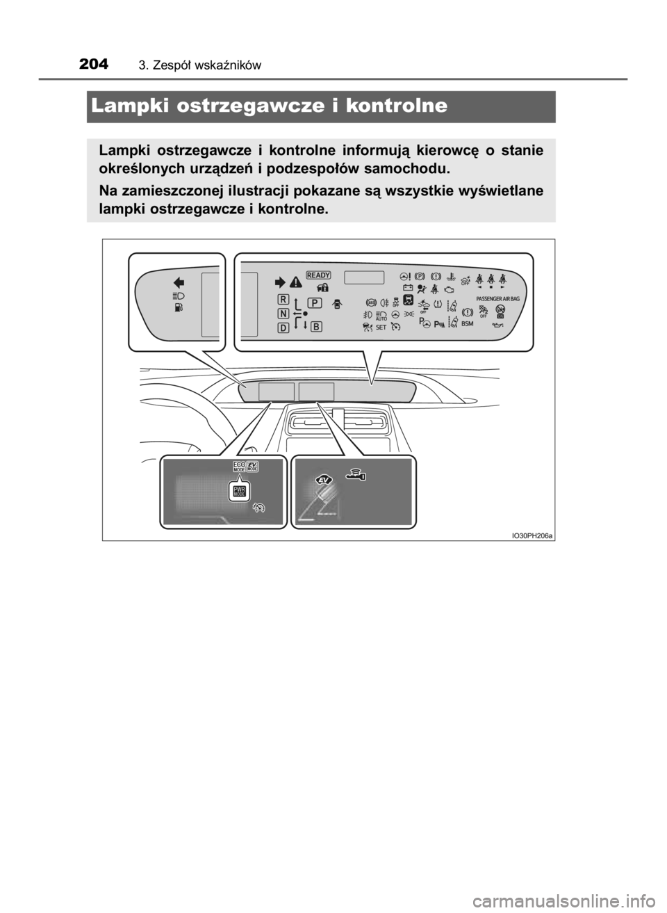 TOYOTA PRIUS PLUG-IN HYBRID 2023  Instrukcja obsługi (in Polish) 2043. Zespó∏ wskaêników
Lampki ostrzegawcze i kontrolne
Lampki  ostrzegawcze  i kontrolne  informujà  kierowc´  o stanie
okreÊlonych urzàdzeƒ i podzespo∏ów samochodu.
Na zamieszczonej ilu