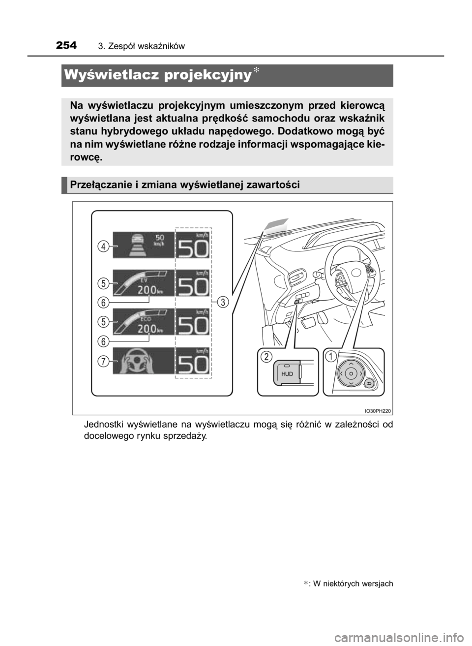 TOYOTA PRIUS PLUG-IN HYBRID 2023  Instrukcja obsługi (in Polish) Jednostki  wyÊwietlane  na  wyÊwietlaczu  mogà  si´  ró˝niç  w zale˝noÊci  od
docelowego rynku sprzeda˝y.
2543. Zespó∏ wskaêników
WyÊwietlacz projekcyjny✻
Na  wyÊwietlaczu  projekcy