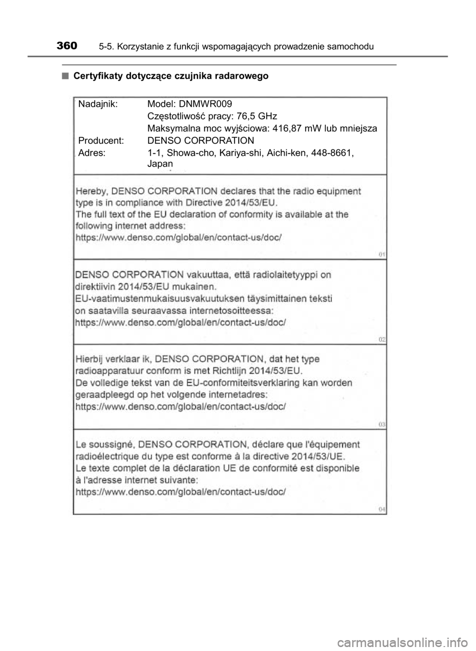 TOYOTA PRIUS PLUG-IN HYBRID 2023  Instrukcja obsługi (in Polish) Certyfikaty dotyczàce czujnika radarowego
3605-5. Korzystanie z funkcji wspomagajàcych prowadzenie samochodu
Nadajnik: Model: DNMWR009
Cz´stotliwoÊç pracy: 76,5 GHz
Maksymalna moc wyjÊciowa: 416