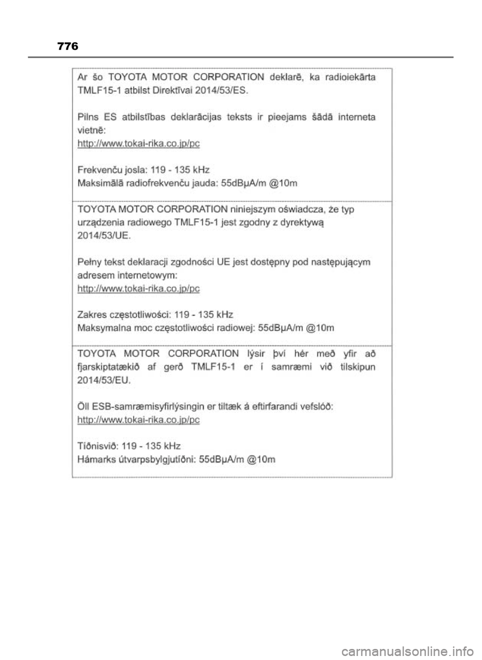 TOYOTA PRIUS PLUG-IN HYBRID 2023 Instrukcja obsługi (in Polish) 776
28 Prius Plug-in HV OM47F38E 8/23/22 10:57 AM Page 776 (Black plate) TOYOTA PRIUS PLUG-IN HYBRID 2023 Instrukcja obsługi (in Polish) 776
28 Prius Plug-in HV OM47F38E 8/23/22 10:57 AM Page 776 (Black plate)