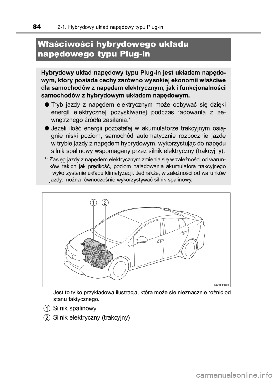 TOYOTA PRIUS PLUG-IN HYBRID 2023  Instrukcja obsługi (in Polish) Jest to tylko przyk∏adowa ilustracja, która mo˝e si´ nieznacznie ró˝niç od
stanu faktycznego.
Silnik spalinowy
Silnik elektryczny (trakcyjny)
842-1. Hybrydowy uk∏ad nap´dowy typu Plug-in
W