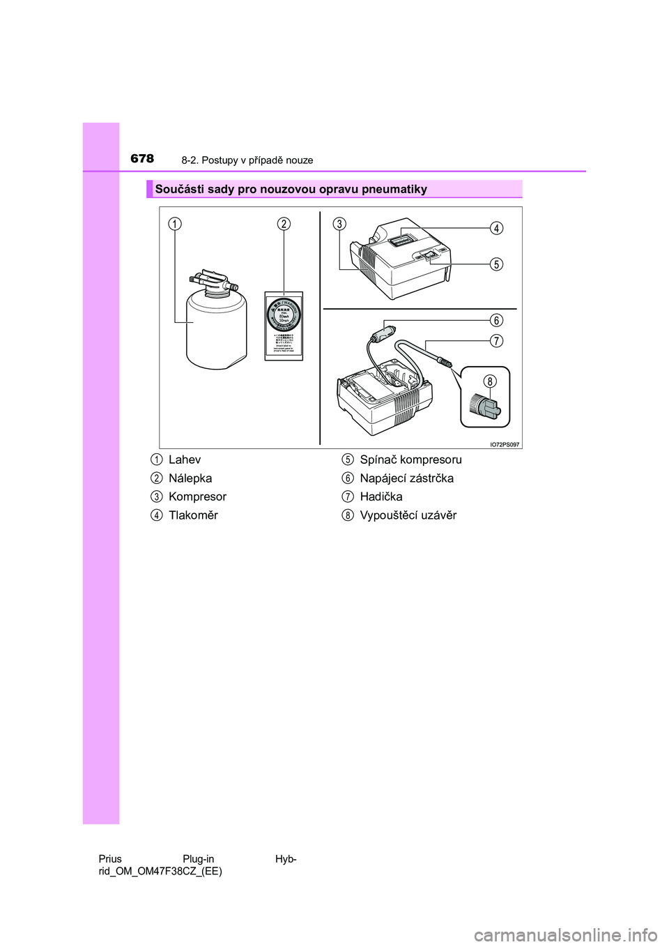 TOYOTA PRIUS PLUG-IN HYBRID 2023  Návod na použití (in Czech) 6788-2. Postupy v případě nouze
Prius  Plug-in  Hyb- 
rid_OM_OM47F38CZ_(EE)
Součásti sady pro nouzovou opravu pneumatiky
Lahev 
Nálepka
Kompresor
Tlakoměr 
Spínač kompresoru 
Napájecí zást