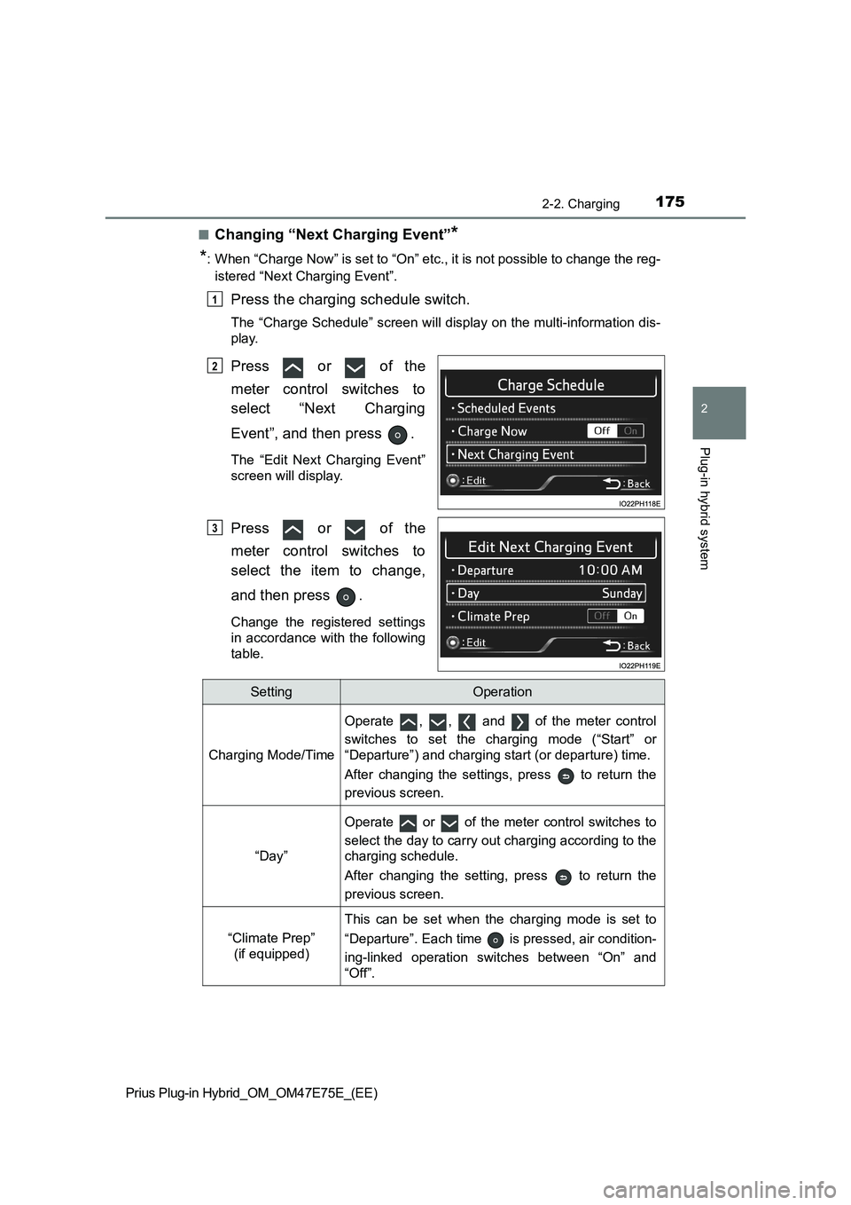 TOYOTA PRIUS PLUG-IN HYBRID 2022 Owners Guide 1752-2. Charging
2
Plug-in hybrid system
Prius Plug-in Hybrid_OM_OM47E75E_(EE)�Q
Changing “Next Charging Event”*
*
: When “Charge Now” is set to “On” etc., it is not possible to change the