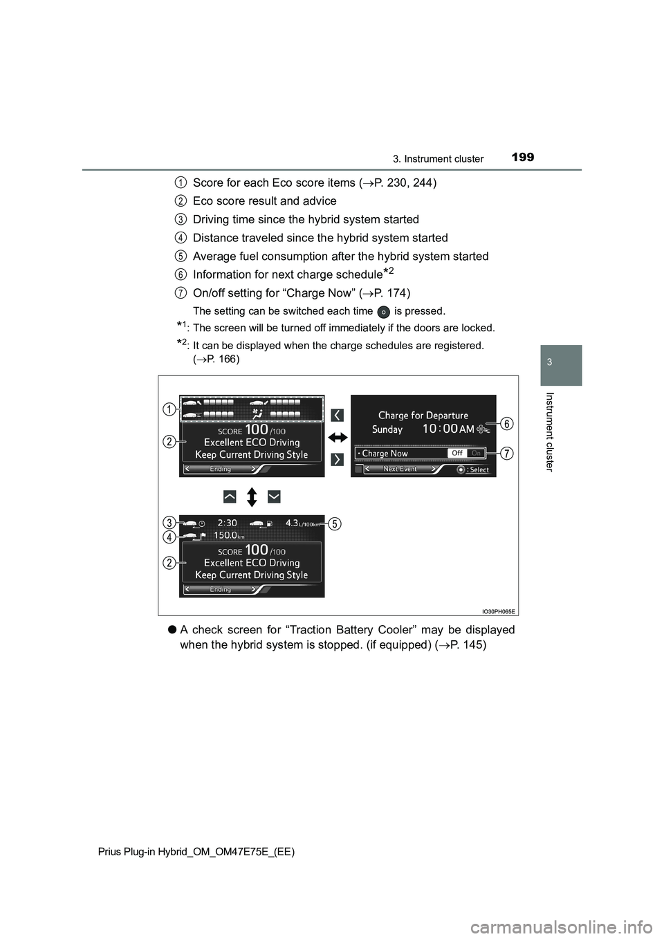 TOYOTA PRIUS PLUG-IN HYBRID 2022 Owners Manual 1993. Instrument cluster
3
Instrument cluster
Prius Plug-in Hybrid_OM_OM47E75E_(EE)
Score for each Eco score items (P. 230, 244)
Eco score result and advice
Driving time since the hybrid system sta