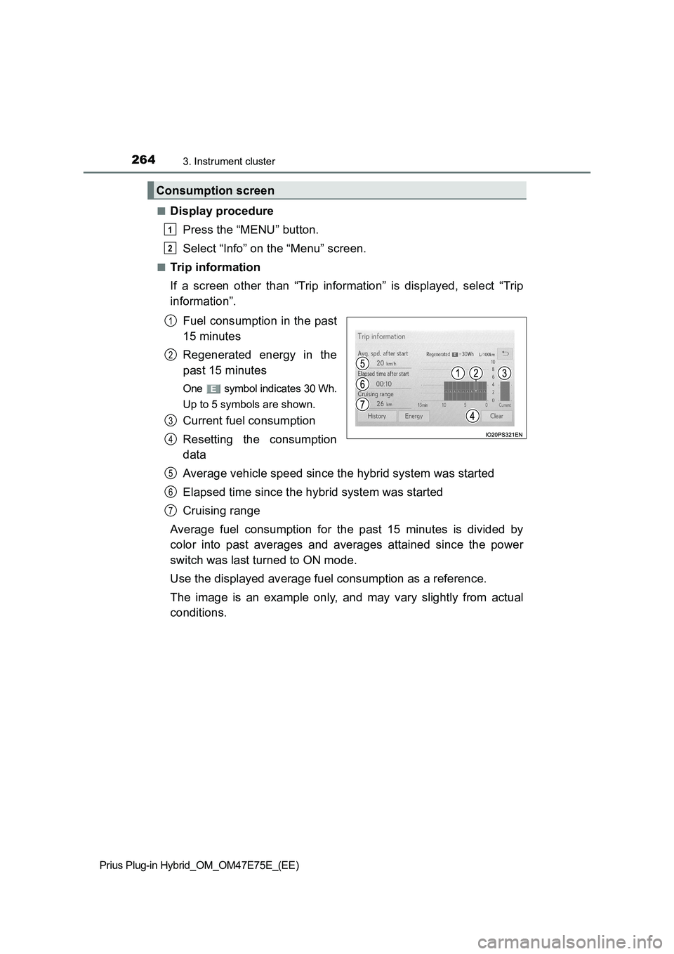 TOYOTA PRIUS PLUG-IN HYBRID 2022  Owners Manual 2643. Instrument cluster
Prius Plug-in Hybrid_OM_OM47E75E_(EE)�Q
Display procedure
Press the “MENU” button.
Select “Info” on the “Menu” screen.
�QTrip information
If  a  screen  other  tha