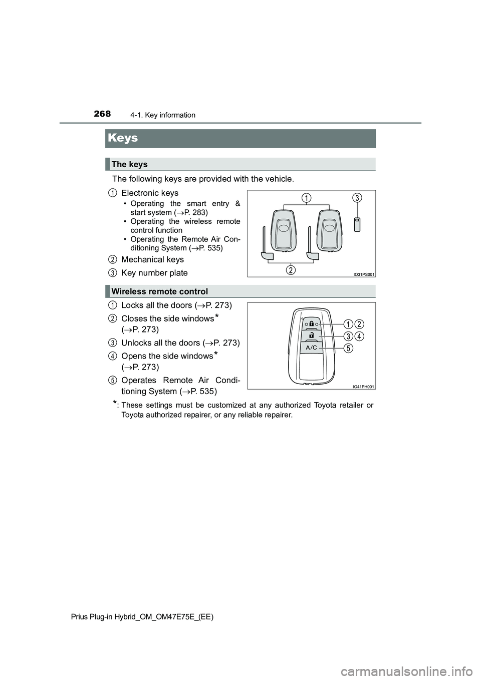 TOYOTA PRIUS PLUG-IN HYBRID 2022  Owners Manual 2684-1. Key information
Prius Plug-in Hybrid_OM_OM47E75E_(EE)
Keys
The following keys are provided with the vehicle.
Electronic keys
• Operating  the  smart  entry  &
start system (P. 283)
• Op