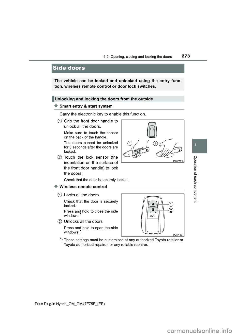 TOYOTA PRIUS PLUG-IN HYBRID 2022 User Guide 2734-2. Opening, closing and locking the doors
Prius Plug-in Hybrid_OM_OM47E75E_(EE)
4
Operation of each component
Side doors
�XSmart entry & start system
Carry the electronic key to enable this funct
