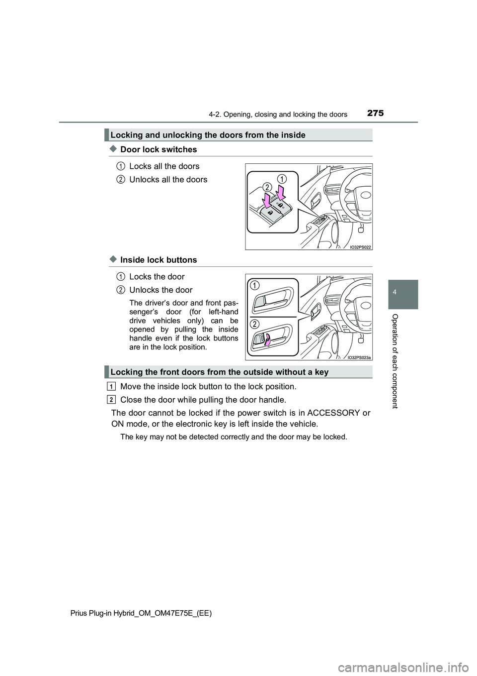 TOYOTA PRIUS PLUG-IN HYBRID 2022  Owners Manual 2754-2. Opening, closing and locking the doors
Prius Plug-in Hybrid_OM_OM47E75E_(EE)
4
Operation of each component
�XDoor lock switches
Locks all the doors
Unlocks all the doors
�XInside lock buttons
